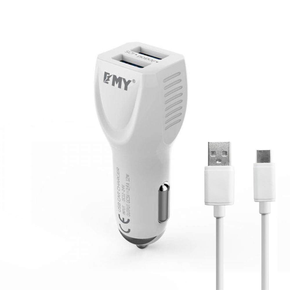 EMY MY-112, 5V 2.4A, Universal Car socket charger, 2xUSB, With Type-C cable, White - 14200